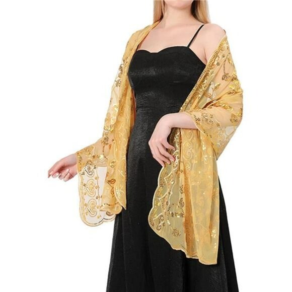 Gold Sequin Glitter Lace Bridal Shawls Wraps Scarves Formal Evening Dress Scarf… - Picture 2 of 6